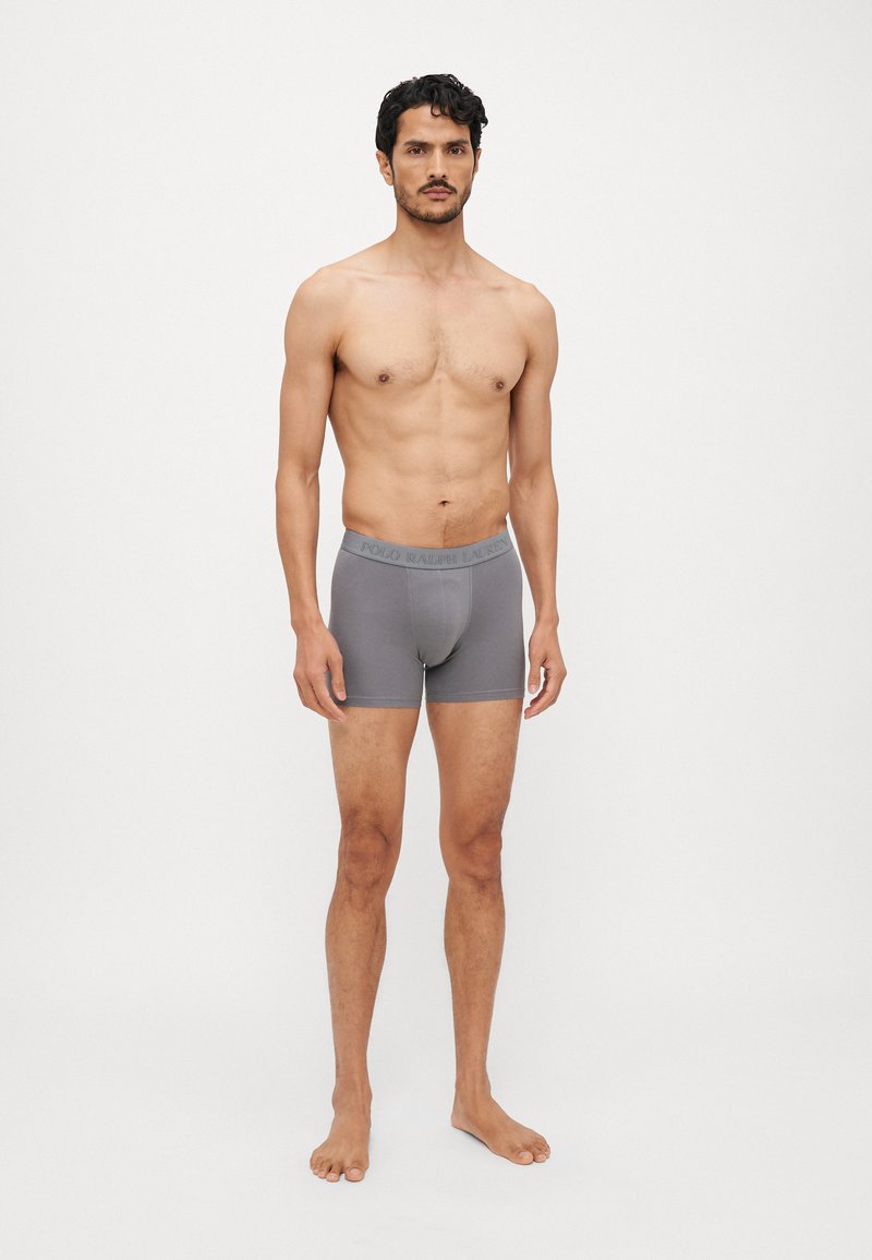 Boxer briefs cinzentos em algodão com um ajuste justo, apresentando uma faixa na cintura embossada com o logotipo. O tecido parece suave, com costuras mínimas.