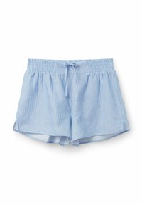 Blauwe gestreepte shorts met een elastische tailleband, trekkoord detail en zijopeningen, gemaakt van lichtgewicht stof.