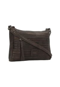 Braune Leder-Crossbody-Tasche mit horizontalen Nähten, Reißverschlusstasche, abnehmbarem Tragegurt und markiertem Akzent. Kompaktes und strukturiertes Design.
