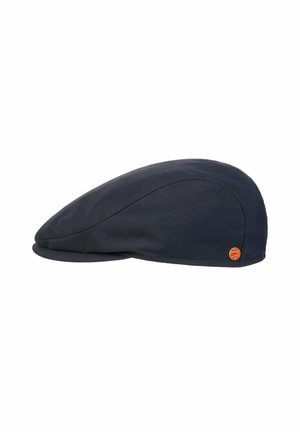 Dark blue flat cap with curved silhouette and small round orange logo near the brim on a white background.