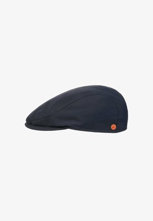 Dark blue flat cap with curved silhouette and small round orange logo near the brim on a white background.