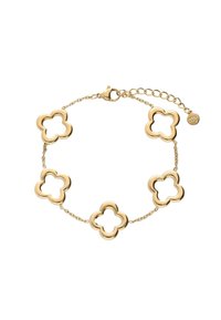 Bracciale d'oro con cinque accenti a forma di fiore collegati da una delicata catena, rifinito con un gancio a moschettone e un'estensione della catena regolabile.