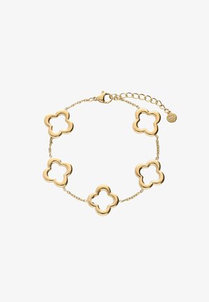 Gouden armband met vijf bloemvormige accenten verbonden door een delicate ketting, afgewerkt met een karabijnslot en een verstelbare kettingverlenging.
