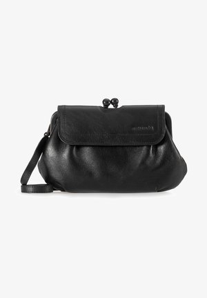 Black leather clutch bag with a rounded shape, a flap closure, and two decorative clasp balls on top. Features a detachable shoulder strap.