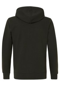 Felpa con cappuccio verde scuro, dal tessuto liscio, con maniche lunghe e polsini a coste. Presenta un design semplice e privo di decorazioni, con una vestibilità comoda.
