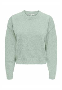 Pull en vert menthe, à texture douce, avec un col rond, des épaules tombantes et des poignets côtelés. Coupe courte avec une finition duveteuse.