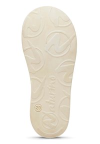 Suela de un zapato en goma color blanco roto, con una superficie texturizada que presenta logotipos circulares y un indicador de tamaño "20" grabado en el costado.