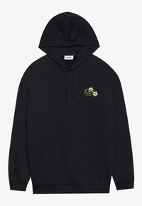 Black hoodie with a front pocket. Features a small, light green graphic design on the chest. Classic, relaxed fit with a drawstring hood.