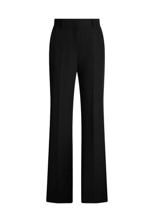 Pantaloni neri su misura a gamba dritta con passanti per cintura e chiusura con cerniera frontale, mostrati su sfondo bianco.