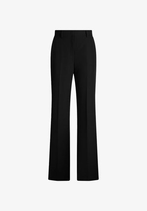 Pantaloni neri su misura a gamba dritta con passanti per cintura e chiusura con cerniera frontale, mostrati su sfondo bianco.