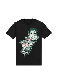 Sort bomulds t-shirt med et farverigt grafik af en tegneseriefigur omgivet af vinstokke og et bånd med teksten "Forkæl mig råddent."