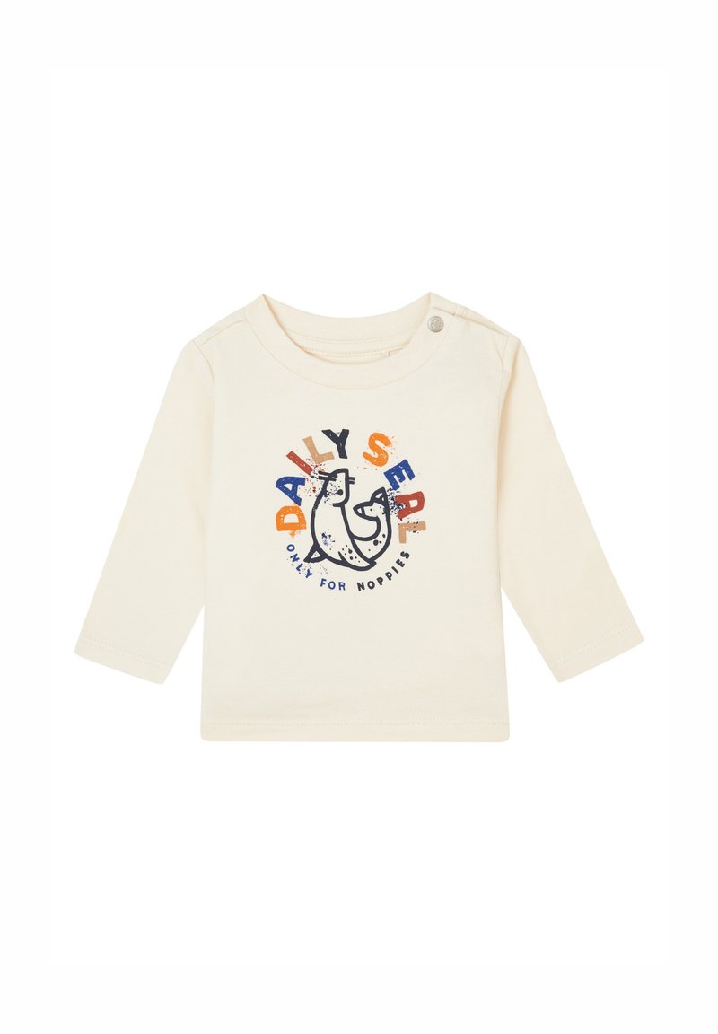 Cremefarbiges Langarmshirt mit einem Cartoon-Segelbauchgrafik in Blau und Orange, mit dem Text "TÄGLICHER SEAL NUR FÜR NOPPIES." Aus weichem Baumwollmaterial.