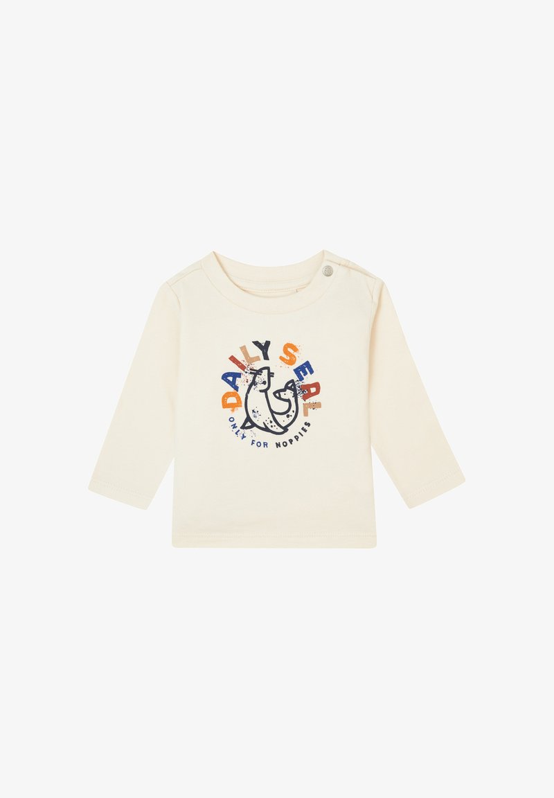 Cremefarbiges Langarmshirt mit einem Cartoon-Segelbauchgrafik in Blau und Orange, mit dem Text "TÄGLICHER SEAL NUR FÜR NOPPIES." Aus weichem Baumwollmaterial.