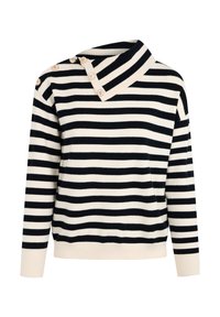 Maglione a righe blu navy e crema con colletto ampio e quattro bottoni sulla spalla, polsini e orlo a costine, materiale morbido.