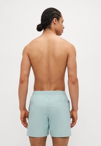 Shorts de bain vert menthe avec une taille élastique, une poche arrière et un tissu lisse et léger. Vue de dos.