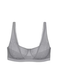 Reggiseno grigio semitrasparente con un design a rete testurizzata e bordi scallopati sulle spalline. Presenta spalline larghe e una struttura di coppa morbida e senza imbottitura.