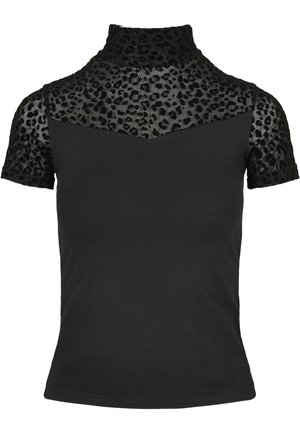 Zwarte top met korte mouwen, voorzien van een luipaardprint mesh schouderdeel, kraag en mouwen, met een hoge hals en een bodemplaat van effen stof.