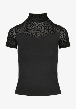 Top nero a maniche corte con yoke in rete a stampa leopardata, colletto e maniche, dotato di collo alto e corpo in tessuto solido.