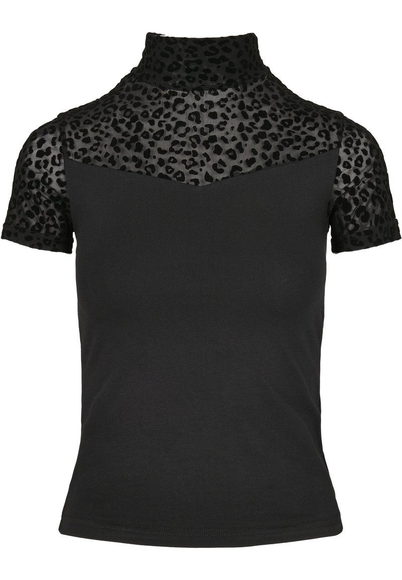 Top negro de manga corta con yugo de malla de estampado de leopardo, cuello y mangas, con un cuello alto y cuerpo de tejido sólido.