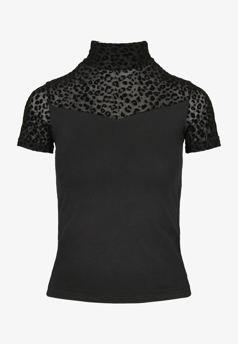 Top negro de manga corta con yugo de malla de estampado de leopardo, cuello y mangas, con un cuello alto y cuerpo de tejido sólido.