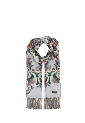 Soft scarf with multicolored floral pattern, fringed ends, and a small rectangular label on one side.