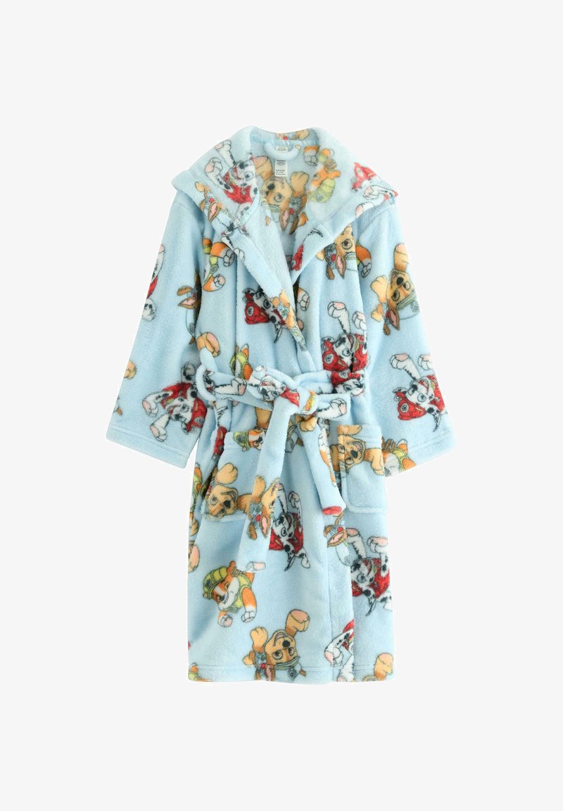 Fleece bathrobe in light blue, featuring a playful print of cartoon animals, with a wide collar, belted waist, and two front pockets.