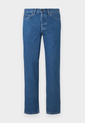 Blauwe spijkerbroek met een rechte pijp, voorzien van een knoop- en ritssluiting, vijf zakken en subtiele stiksel-details.