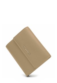 Portefeuille en cuir beige avec une surface texturée, design pliable et logo "LAZAROTTI" embossé à l'avant. Forme compacte et rectangulaire.
