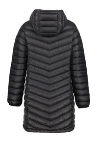 Chaqueta acolchada negra con un patrón de chevron, que cuenta con capucha, mangas largas y un diseño ligero y acolchado.