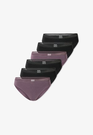 Set mit sechs Höschen in Schwarz und Lavendel. Hergestellt aus weichem Stoff mit Spitzenbesatz am Bund. Klassischer Slips-Stil.
