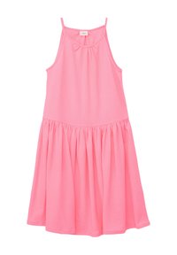 Rosa ärmelloses Kleid mit gerafftem Taillenbund, aus strukturiertem Stoff. Verfügt über dünne Träger und einen fließenden Rock.