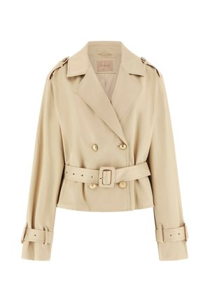 Beiger, kurz geschnittener Trenchcoat mit zweireihigen goldfarbenen Knöpfen, weitem Kragen, taillengürtel, Schulterklappen und verstellbaren Manschettenriemen.