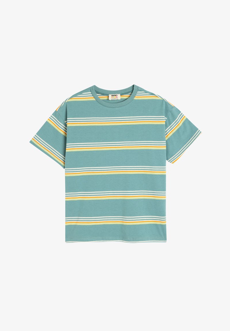 T-shirt turchese a maniche corte con righe orizzontali bianche, gialle e grigie. Collo rotondo e vestibilità casual, realizzata in morbido cotone.