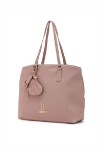 Borsa tote in pelle rosa con dettagli in oro, dotata di doppi manici e una pochette a forma di cuore rimovibile con chiusura a zip.