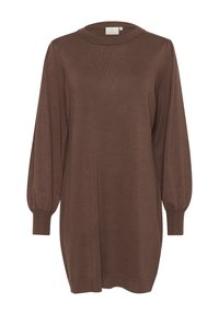 Abito maglione marrone lavorato a maglia con lunghe maniche a palloncino, colletto rotondo e polsini a coste. Tessuto morbido e vestibilità rilassata, adatto per essere indossato a strati.