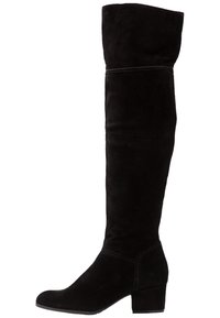Stivali neri in suede sopra il ginocchio con punta arrotondata e tacco basso a blocco. Presentano una semplice cucitura lungo le cuciture.