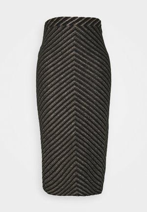 Jupe crayon noire avec des rayures chevron diagonales argentées formant un motif en V à partir du centre.