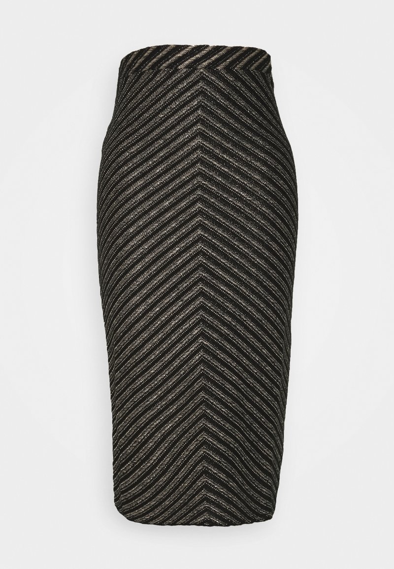 Jupe crayon noire avec des rayures chevron diagonales argentées formant un motif en V à partir du centre.