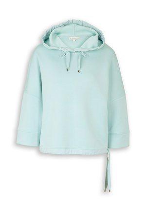 Sweat à capuche court bleu clair avec manches larges, capuche à cordon de serrage et lien ajustable à l'ourlet sur le côté droit.