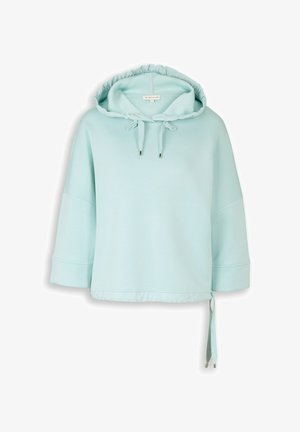 Sweat à capuche court bleu clair avec manches larges, capuche à cordon de serrage et lien ajustable à l'ourlet sur le côté droit.