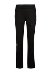 Schwarze Sporthose aus Stretchstoff. Mit Kontrastpaneelen, einer seitlichen Reißverschlusstasche und einem Logo in der Nähe des Saums.