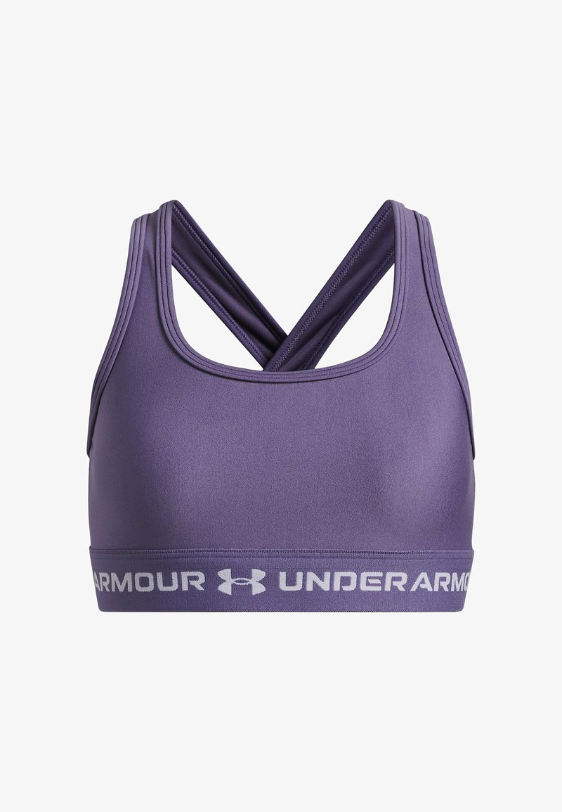 Brassière de sport athlétique violette avec une texture lisse, un design croisé dans le dos et une bande logo blanche contrastante en bas.