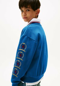 Sudadera azul con cuello de canalé, con acentos en rojo y blanco. Cinco parches bordados con leones y detalles de laurel en la manga.
