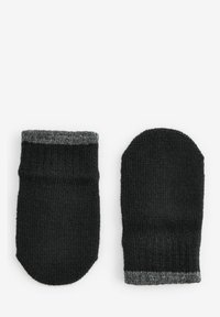 Guantes sin dedos de tejido negro con un puño gris. Textura de hilo con un patrón acanalado. Diseño abierto que permite la exposición de las yemas de los dedos.