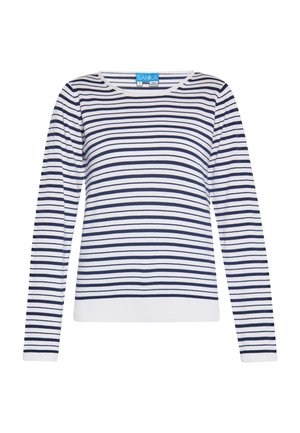 Pull à rayures bleu marine et blanches à manches longues avec un col rond et un ourlet côtelé. Fabriqué à partir d'un tissu doux et texturé. Étiquette de marque visible au niveau du col.