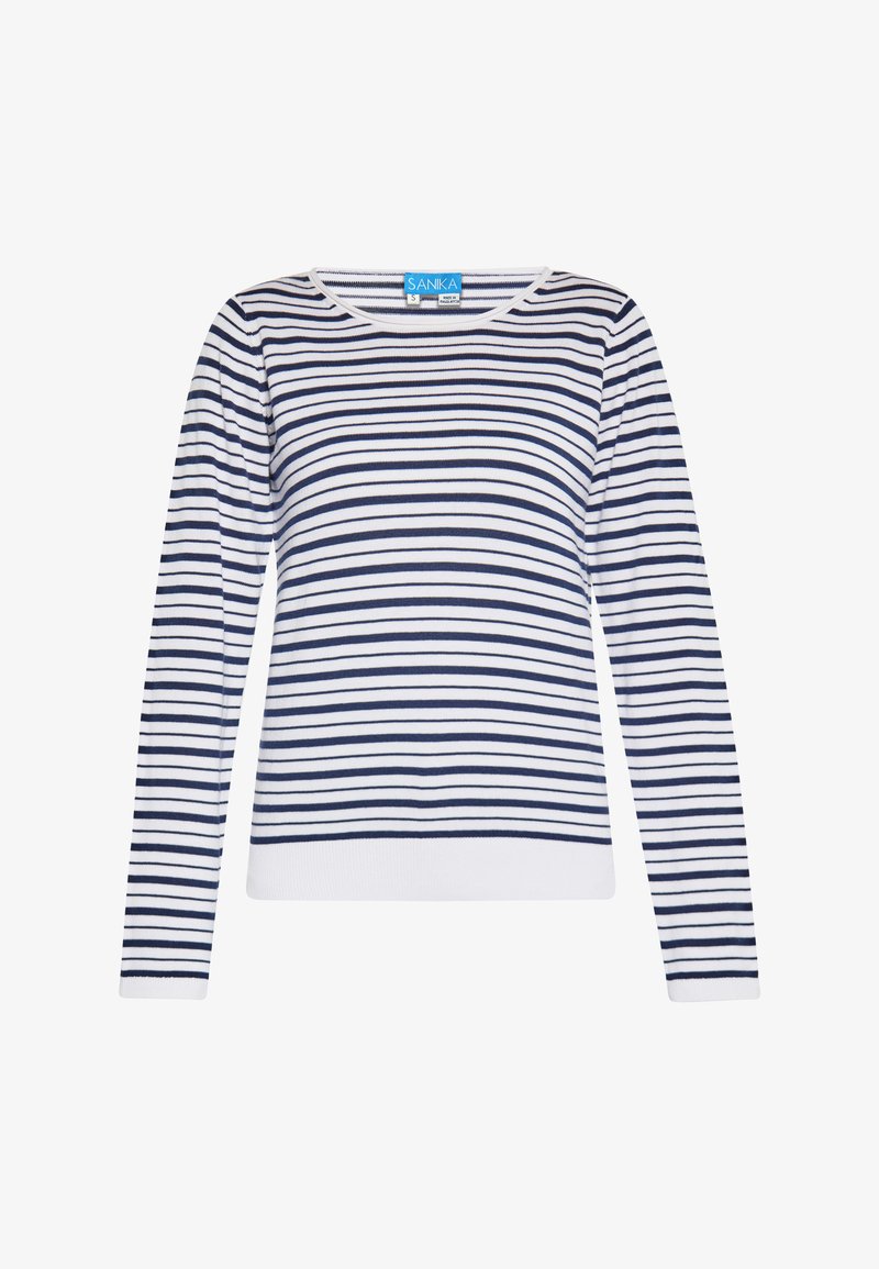 Gestreifter langärmliger Pullover in Marineblau und Weiß mit Rundhalsausschnitt und geripptem Saum. Hergestellt aus weichem, strukturiertem Stoff. Markenetikett am Hals sichtbar.