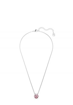Silberne Kettenhalskette mit einem runden pinkfarbenen Edelsteinanhänger, mit einem einfachen Verschluss und verstellbarer Länge. Glatte Oberfläche mit funkelnden Akzenten.