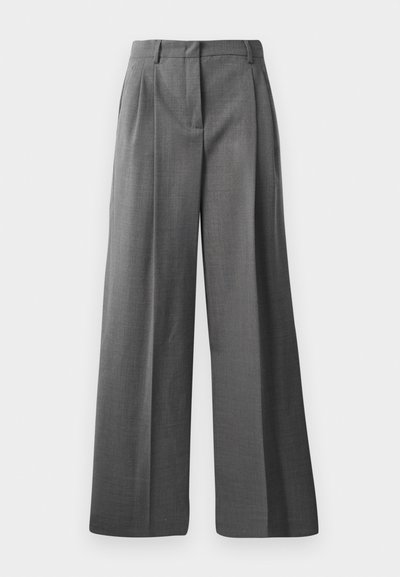 Gray, wide-leg trousers made from textured fabric with a subtle pattern. Features front pleats and a waistband with belt loops.