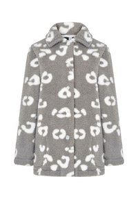Chaqueta de forro polar gris con manchas abstractas blancas, diseño con cuello, cierre de botones y tejido texturizado. Adecuada para uso casual.