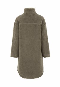 Olivengrüner Fleece-Jacke mit Stehkragen, langen Ärmeln und abgerundetem Saum. Hat eine weiche, strukturierte Oberfläche und keine sichtbare Hardware.